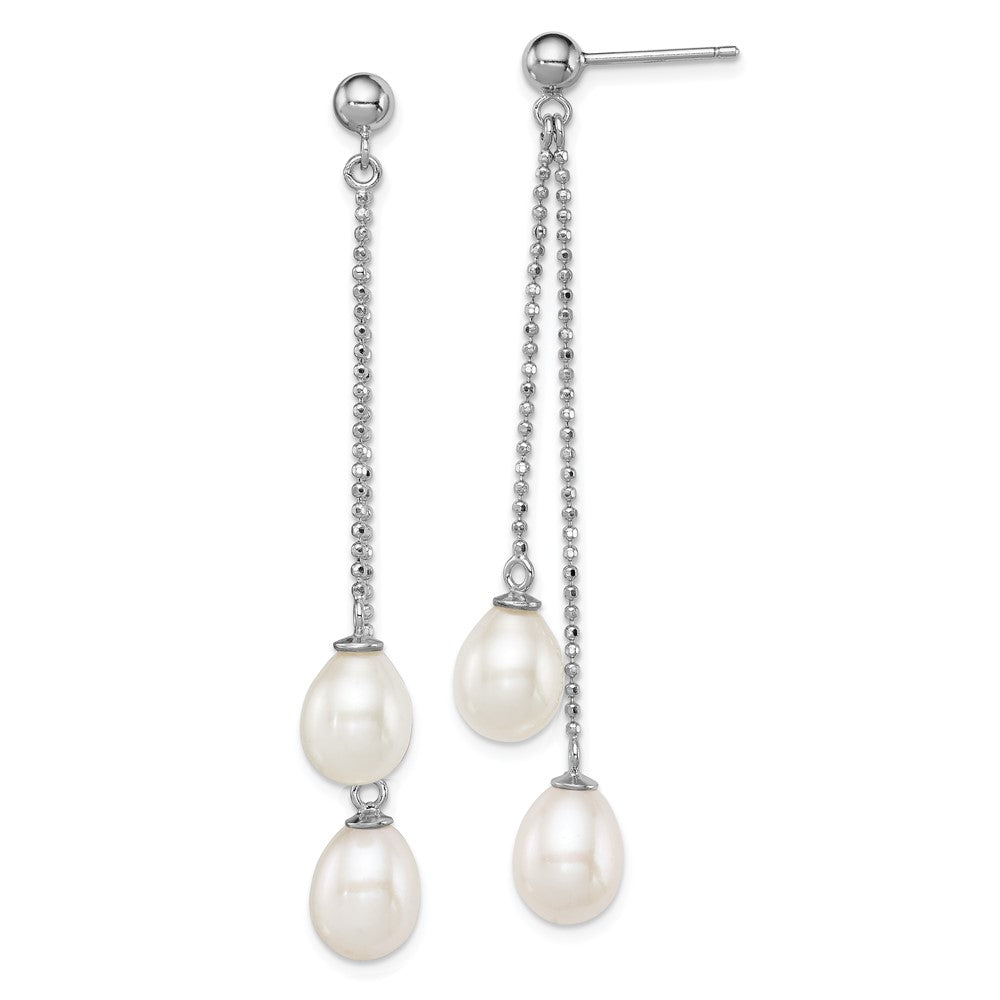Sterling Silver Rhodium-plated 7- White Rice Freshwater Cultured Pearl Post Dangle Earrings