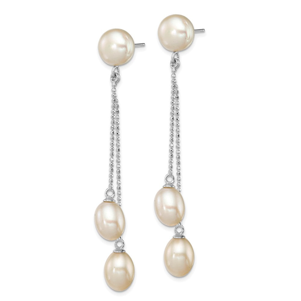 Sterling Silver Rhodium-plated 6- White Rice and Button Freshwater Cultured 3-Pearl Post Dangle Earrings