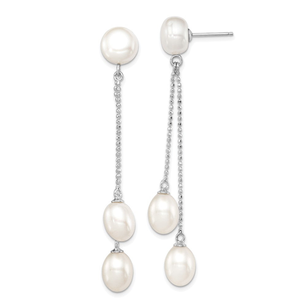 Sterling Silver Rhodium-plated 6- White Rice and Button Freshwater Cultured 3-Pearl Post Dangle Earrings