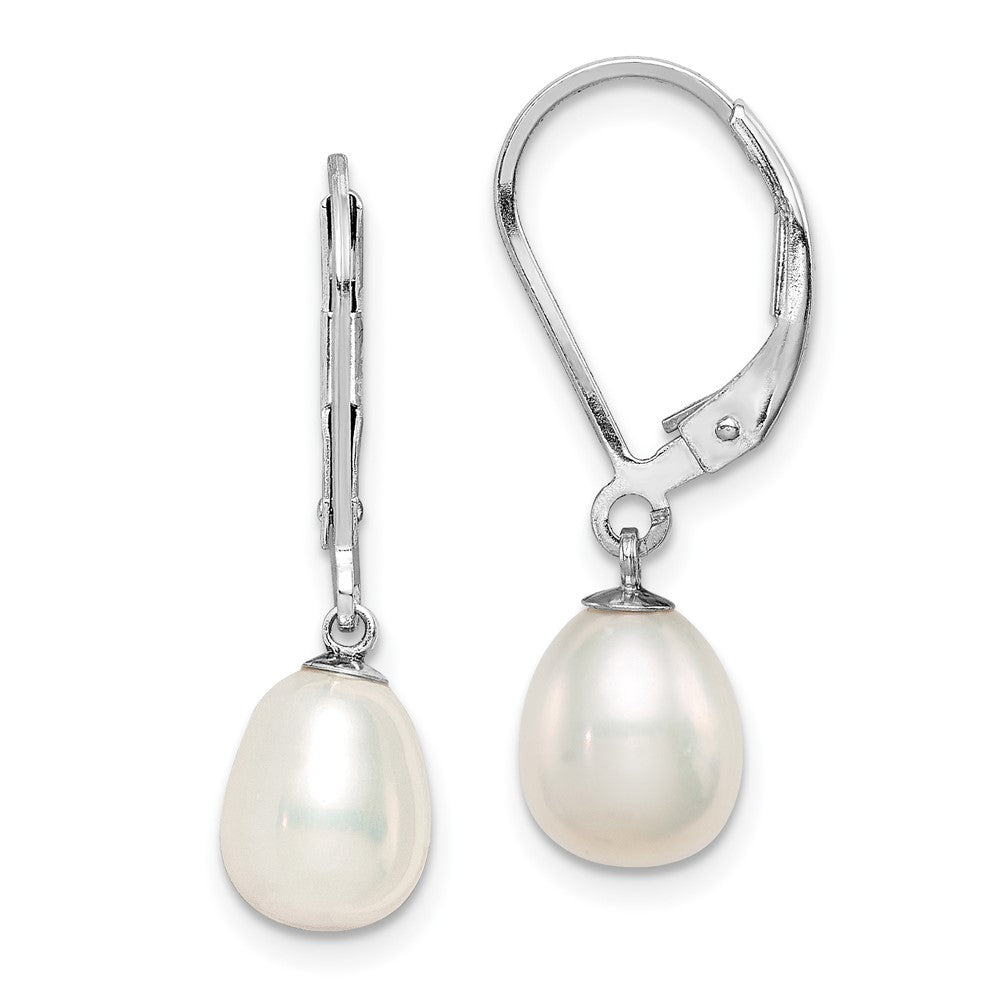 Sterling Silver Rhodium-plated 7- White Teardrop Freshwater Cultured Pearl Leverback Dangle Earrings