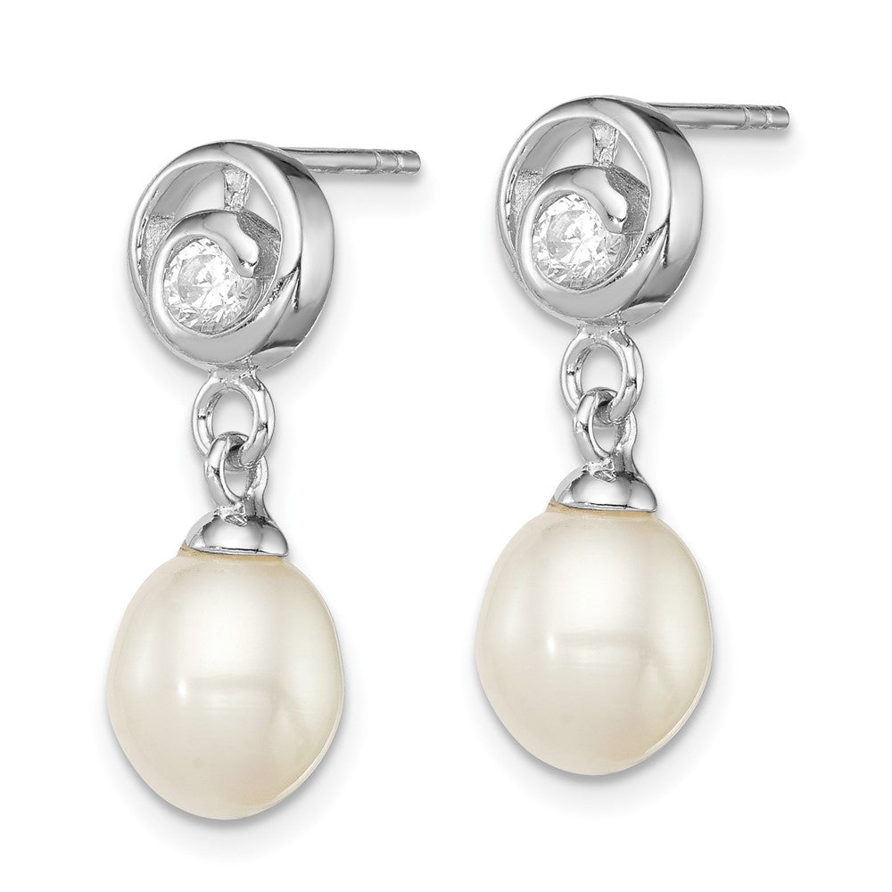 Sterling Silver Rhodium-plated 7- White Rice Freshwater Cultured Pearl and CZ Post Dangle Earrings