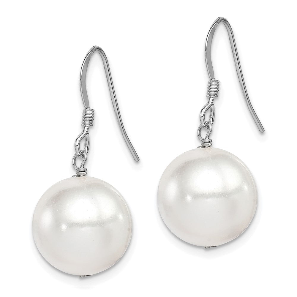 Sterling Silver Rhodium-plated 12- White Round Shell Bead Dangle Earrings