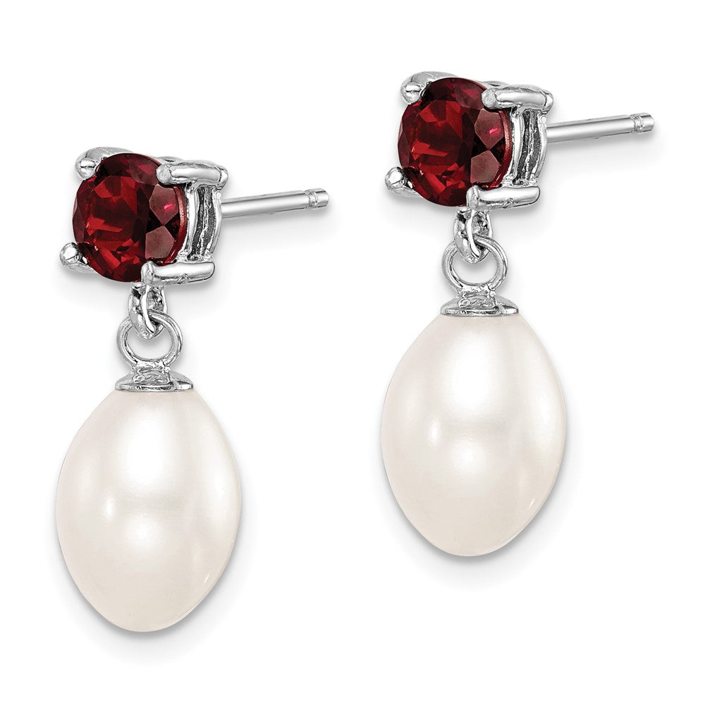 Sterling Silver Rhodium-plated 7- White Teardrop Freshwater Cultured Pearl and 1.26GA Garnet Post Dangle Earrings