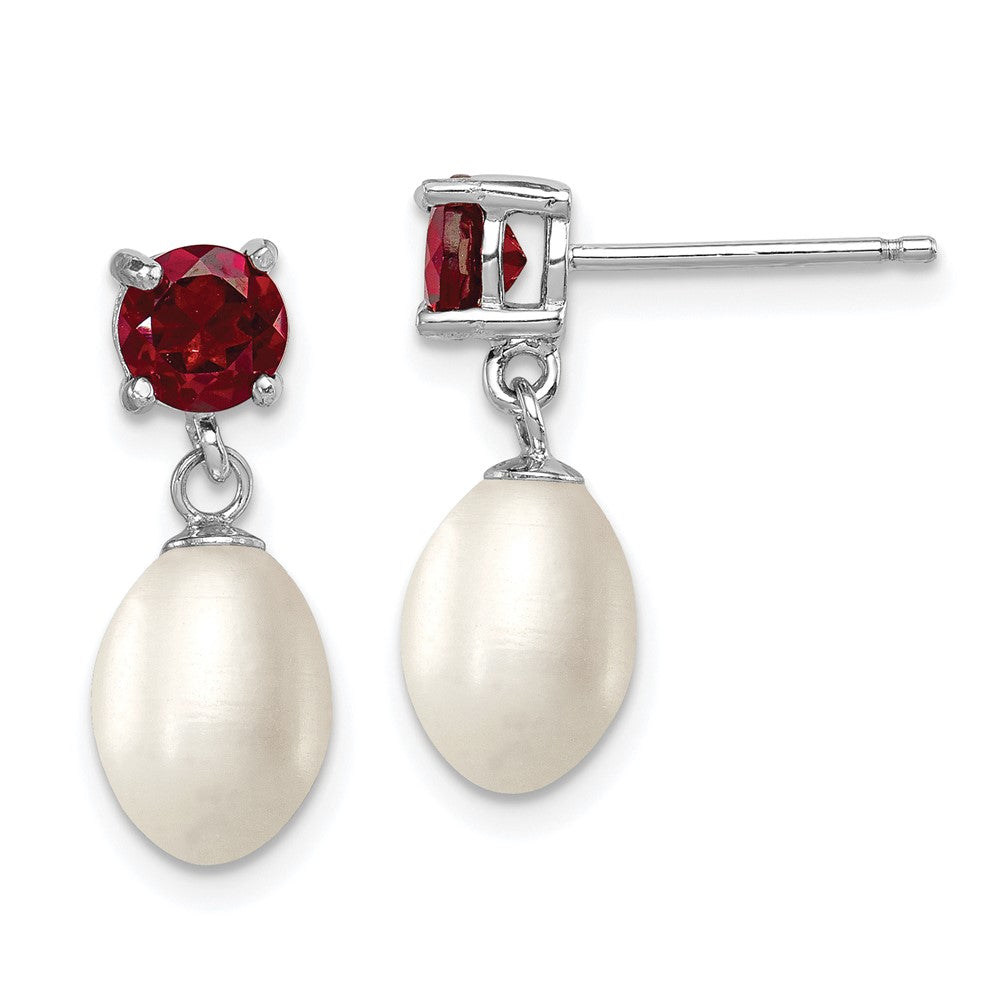 Sterling Silver Rhodium-plated 7- White Teardrop Freshwater Cultured Pearl and 1.26GA Garnet Post Dangle Earrings