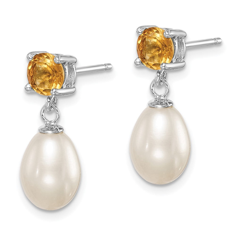Sterling Silver Rhodium-plated 7- White Teardrop Freshwater Cultured Pearl and .94CI Citrine Post Dangle Earrings