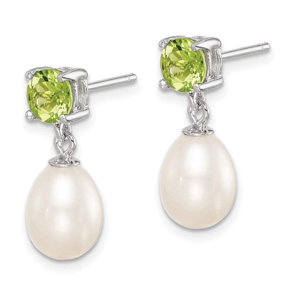 Sterling Silver Rhodium-plated 7- White Teardrop Freshwater Cultured Pearl and 1.12PE Peridot Post Dangle Earrings