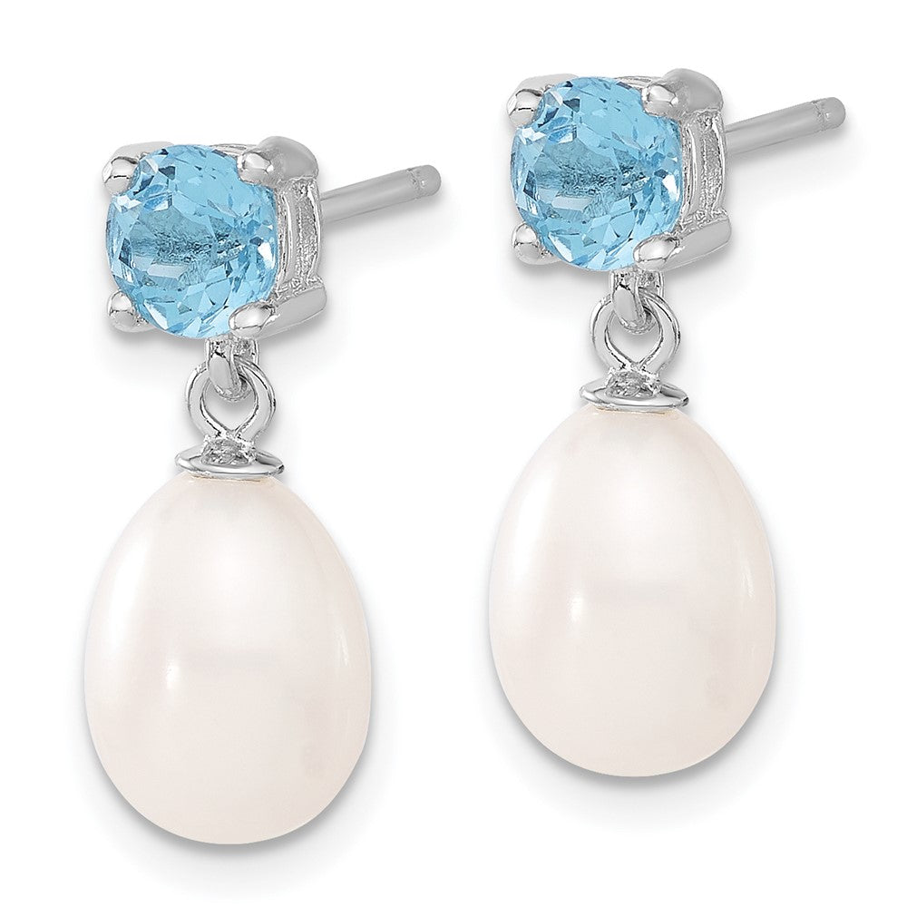 Sterling Silver Rhodium-plated 7- White Teardrop Freshwater Cultured Pearl and 1.30BT Blue Topaz Post Dangle Earrings