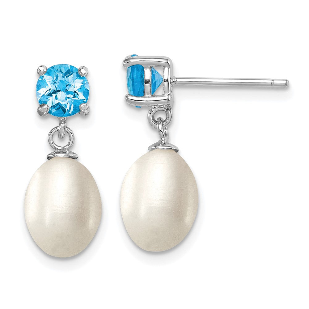 Sterling Silver Rhodium-plated 7- White Teardrop Freshwater Cultured Pearl and 1.30BT Blue Topaz Post Dangle Earrings