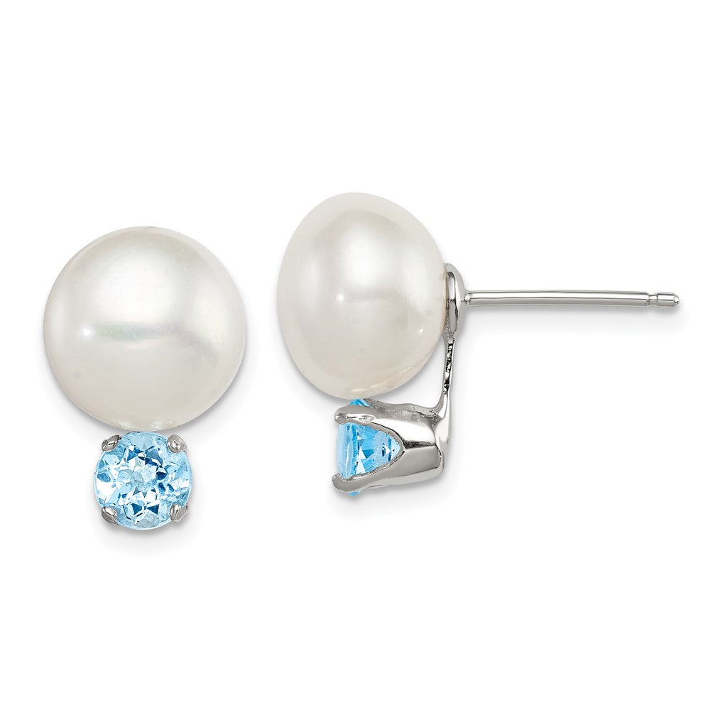 Sterling Silver Rhodium-pltd 10- FWC Button Pearl Blue Topaz Earrings