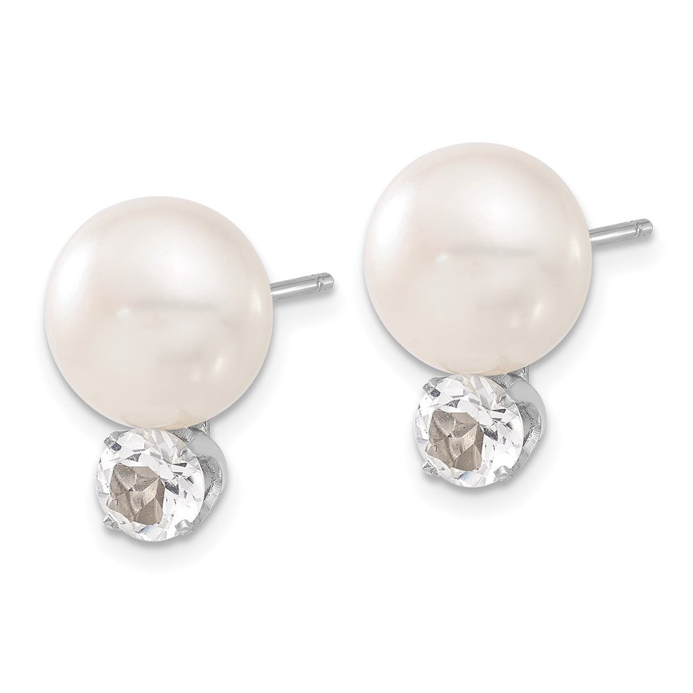 Sterling Silver RH-pltd 10- FWC Button Pearl White Topaz Earrings