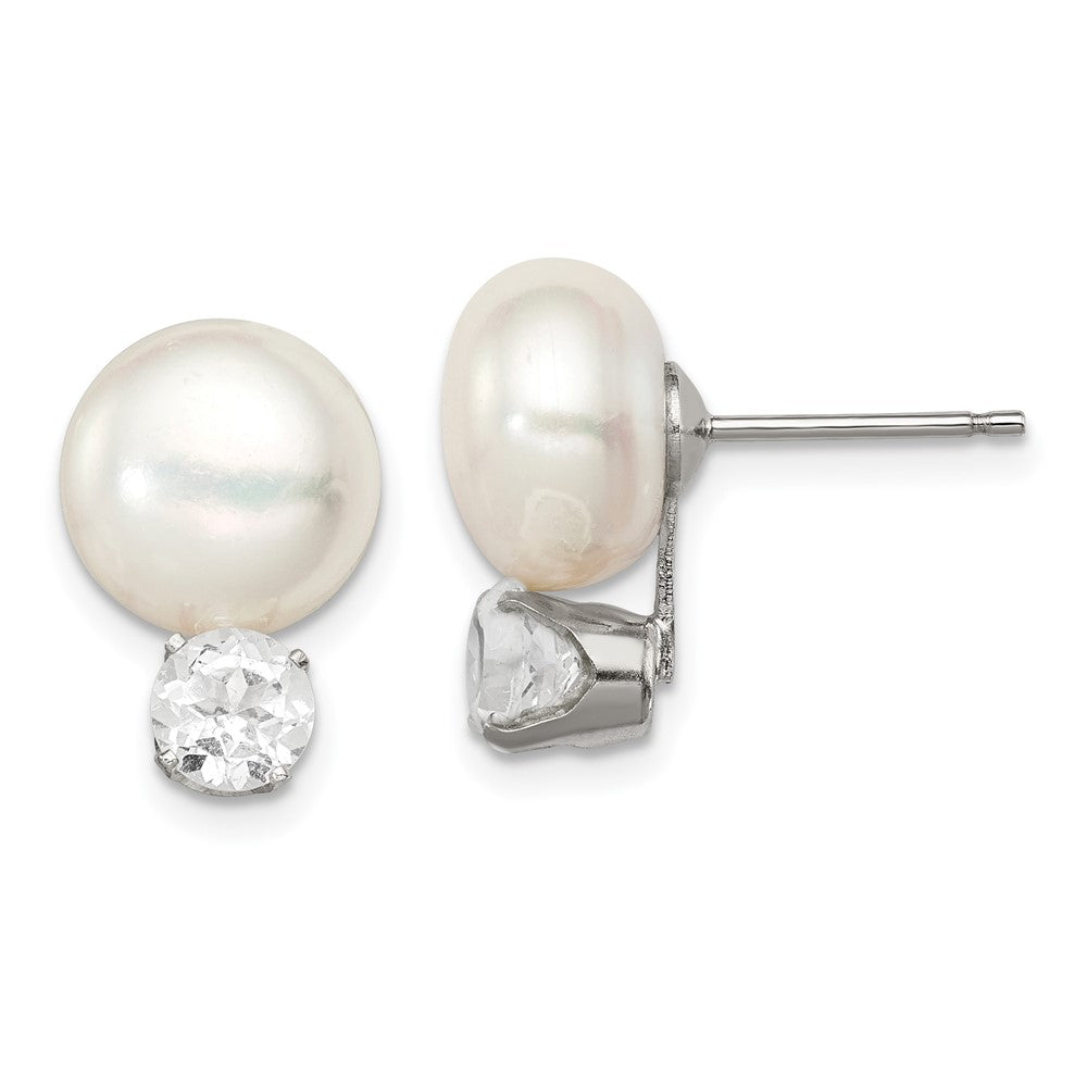 Sterling Silver Rhodium-plate 10- FWC Button Pearl White Topaz Earrings