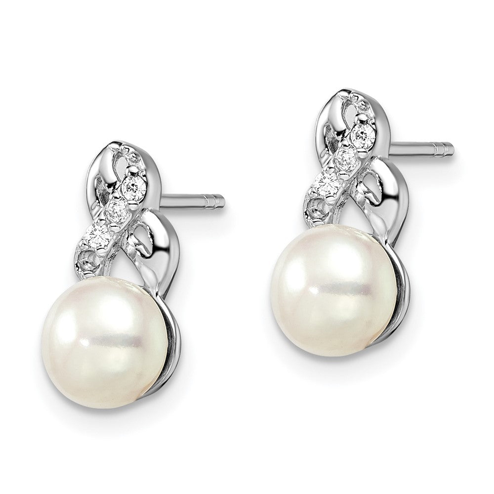 Sterling Silver Rhodium-plated 6- White Button Freshwater Cultured Pearl and CZ Post Earrings