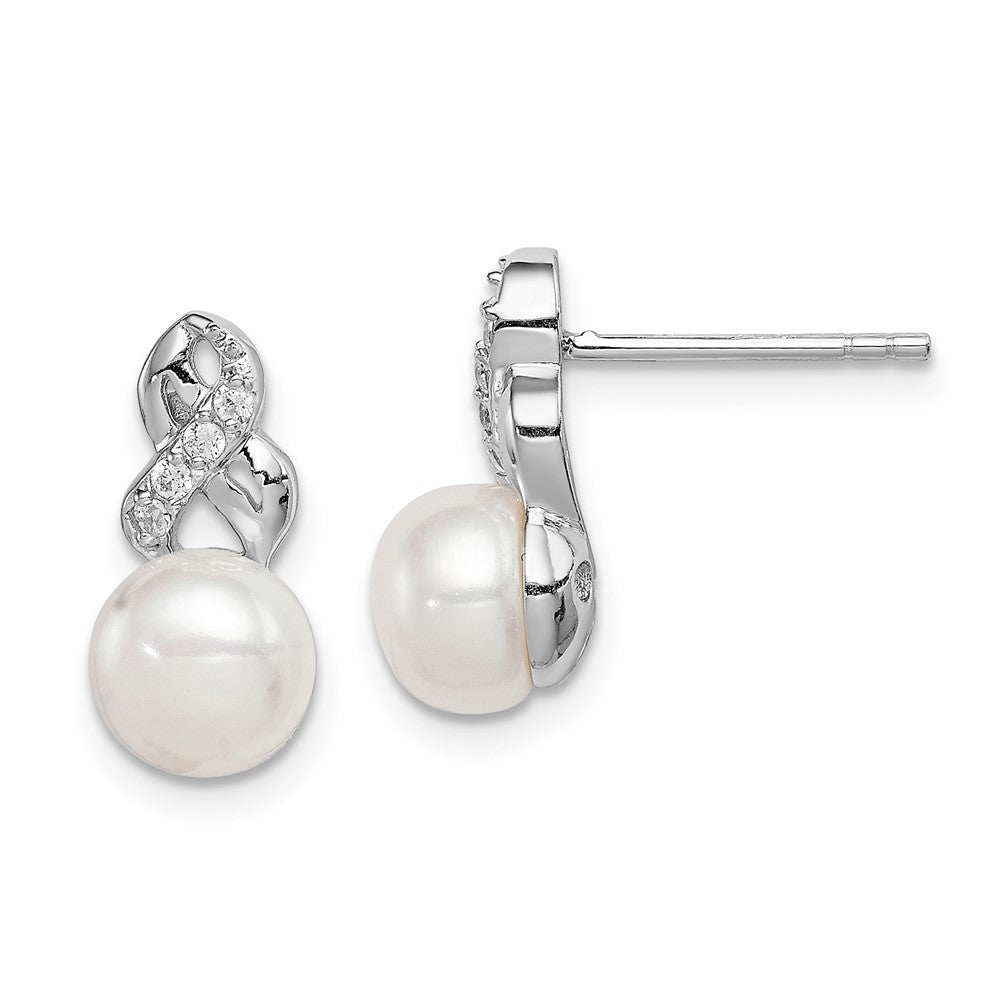Sterling Silver Rhodium-plated 6- White Button Freshwater Cultured Pearl and CZ Post Earrings