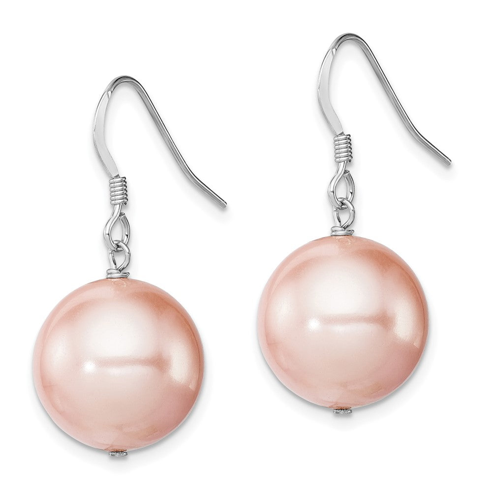 Sterling Silver Rhodium-plated 14- Pink Round Shell Pearl Dangle Earrings