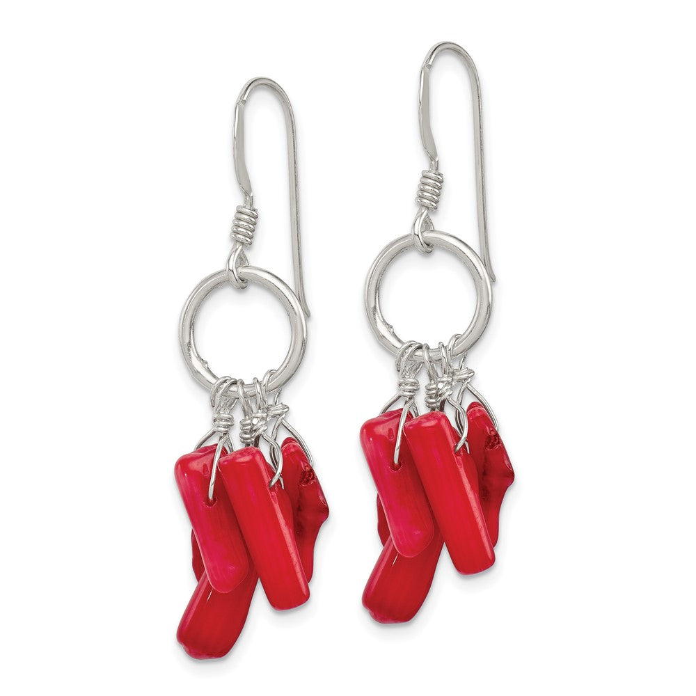 Sterling Silver Polished Red Coral and Circle Dangle French Hook Earrings