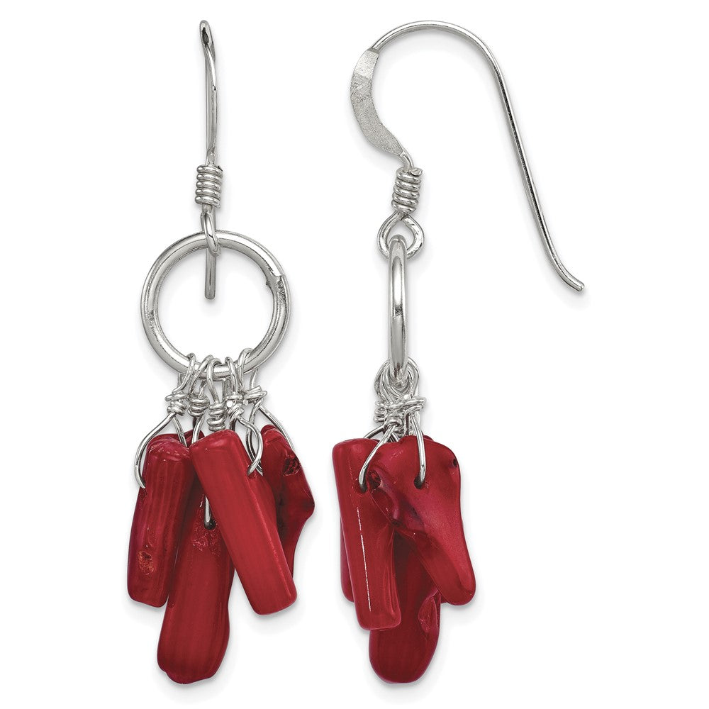 Sterling Silver Polished Red Coral and Circle Dangle French Hook Earrings