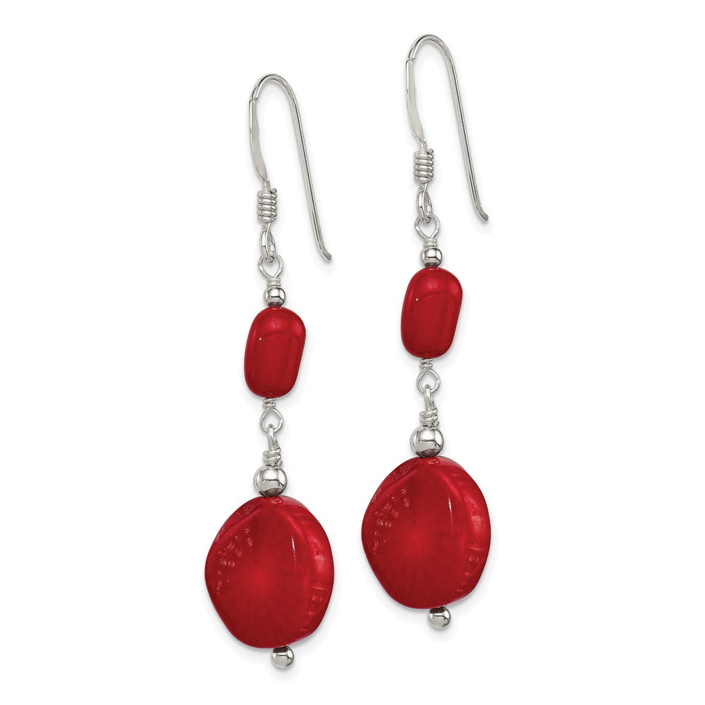 Sterling Silver Polished Round Red Coral Dangle French Hook Earrings