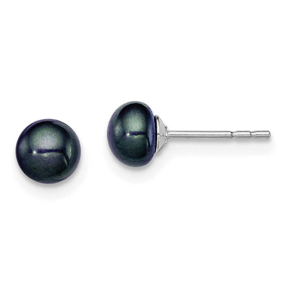 Sterling Silver Rhodium-plated 5- Black Button Freshwater Cultured Pearl Post Earrings