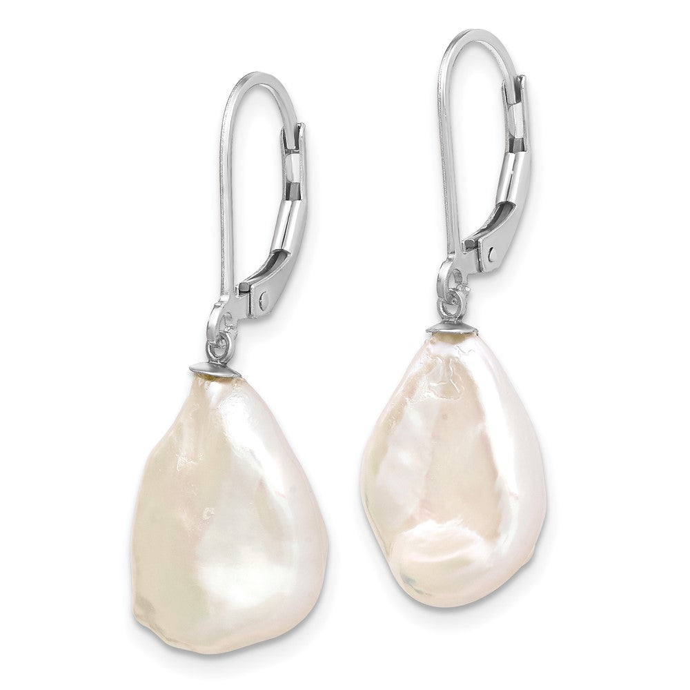 Sterling Silver Rhodium-plated 13- White Keshi Freshwater Cultured Pearl Leverback Dangle Earrings