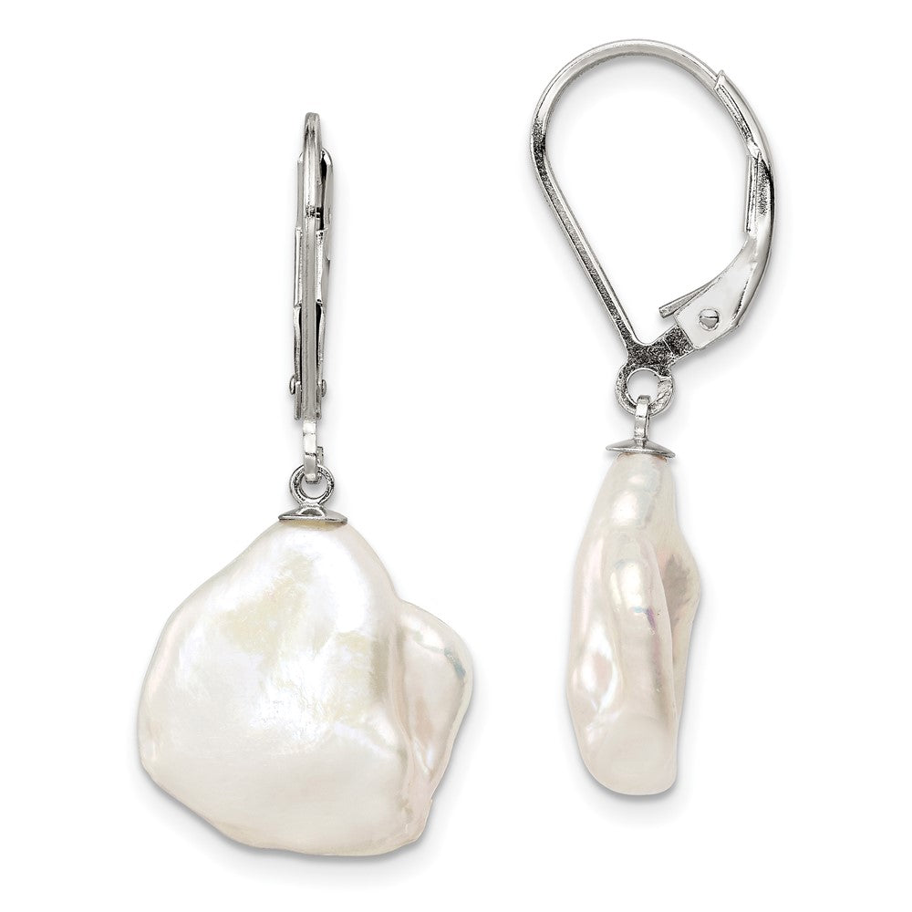 Sterling Silver Rhodium-plated 13- White Keshi Freshwater Cultured Pearl Leverback Dangle Earrings