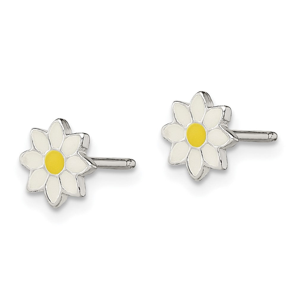 Sterling Silver Polished White and Yellow Enameled Flower Petite Post Earrings