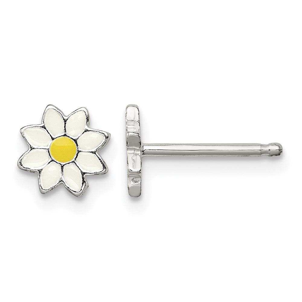 Sterling Silver Polished White and Yellow Enameled Flower Petite Post Earrings