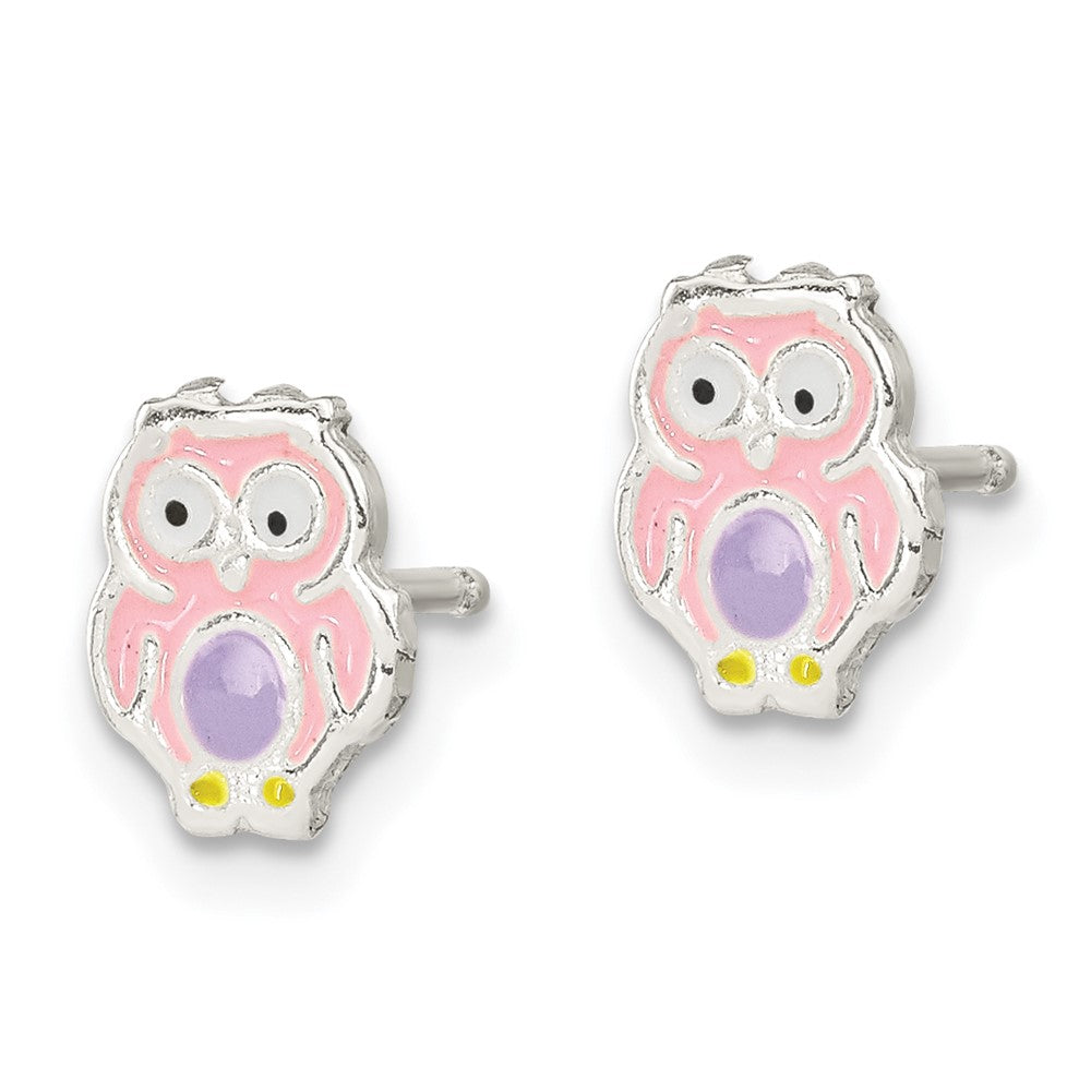 Sterling Silver Polished and Multi-color Enameled Owl Post Earrings