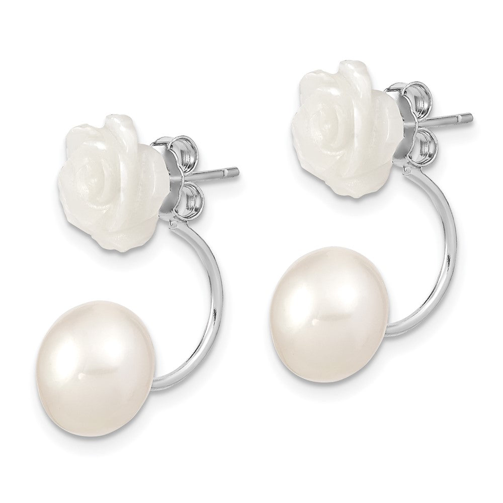 Sterling Silver Rhodium-plated 8- White Button Freshwater Cultured Pearl and Mother Flower Front and Back Post Earrings