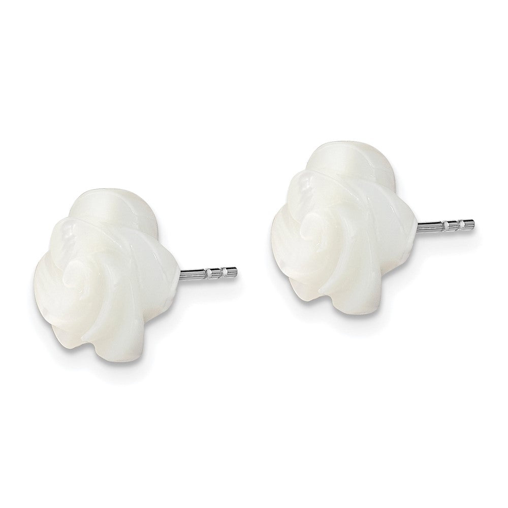 Sterling Silver Rhodium-plated White Mother of Pearl Flower Post Earrings
