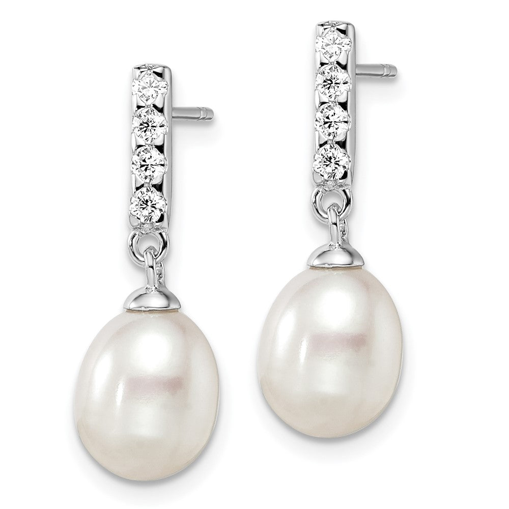 Sterling Silver Rhodium-plated 8- White Teardrop Freshwater Cultured Pearl and CZ Post Earrings