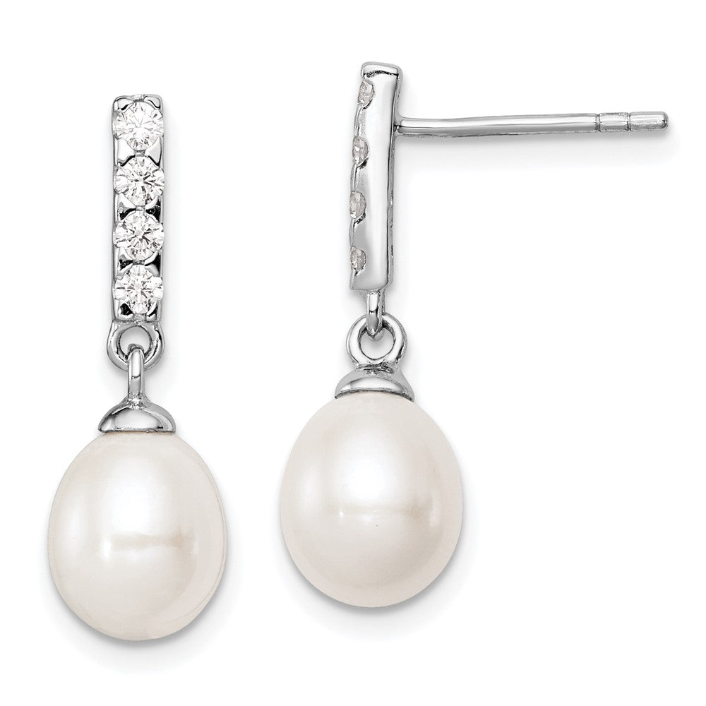 Sterling Silver Rhodium-plated 8- White Teardrop Freshwater Cultured Pearl and CZ Post Earrings