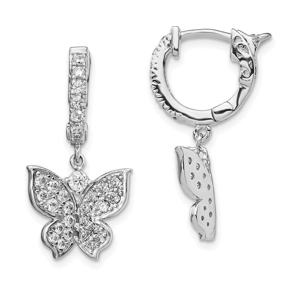 Sterling Shimmer Sterling Silver Rhodium-plated 58 Stone CZ Butterfly Dangle Hinged Hoop Earrings