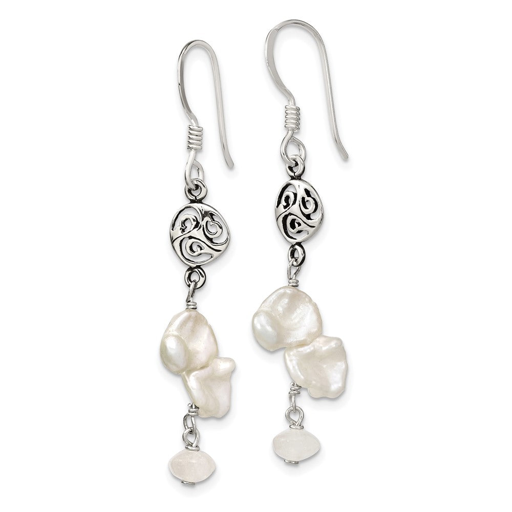 Sterling Silver Polished White 5- Baroque Freshwater Cultured Pearl and Moonstone Fancy Dangle Earrings