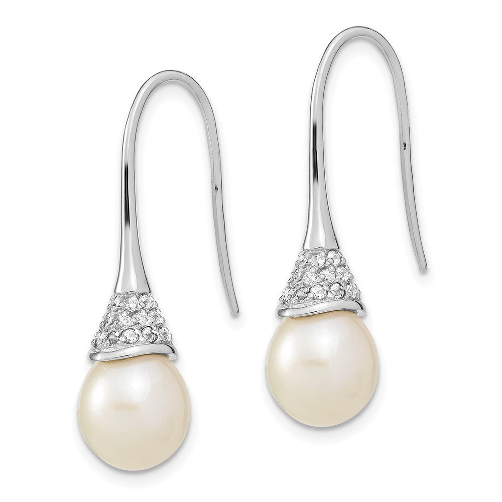 Sterling Silver Rhodium-plated Polished White 9- Freshwater Cultured Pearl & CZ Dangle Earrings