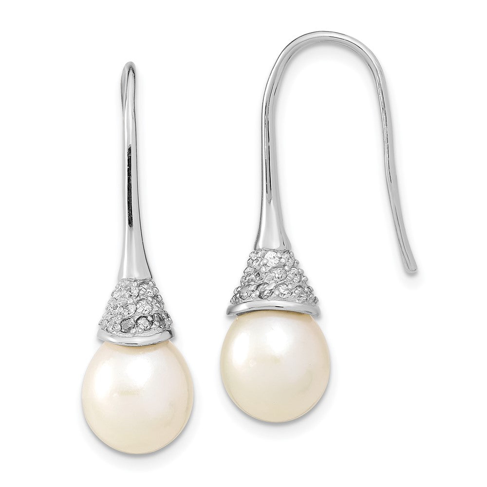Sterling Silver Rhodium-plated Polished White 9- Freshwater Cultured Pearl & CZ Dangle Earrings