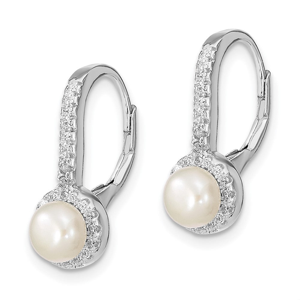 Sterling Silver Rhodium-plated 5- White Button Freshwater Cultured Pearl and CZ Halo Leverback Dangle Earrings