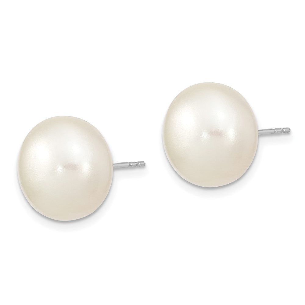Sterling Silver Rhodium-plated 13- White Button Freshwater Cultured Pearl Post Earrings