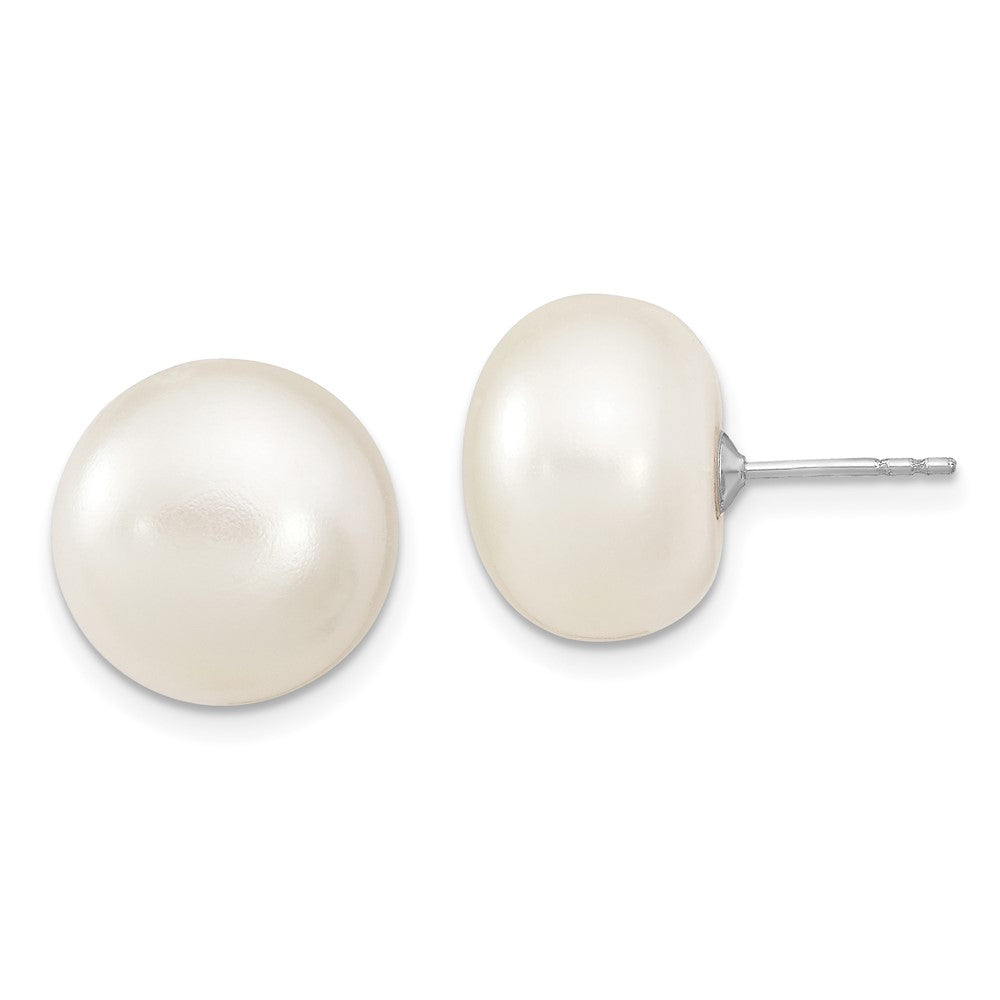 Sterling Silver Rhodium-plated 13- White Button Freshwater Cultured Pearl Post Earrings