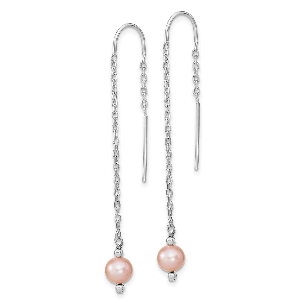 Sterling Silver Rhodium-plated 6- Pink Semi-Round Freshwater Cultured Pearl Threader Earrings