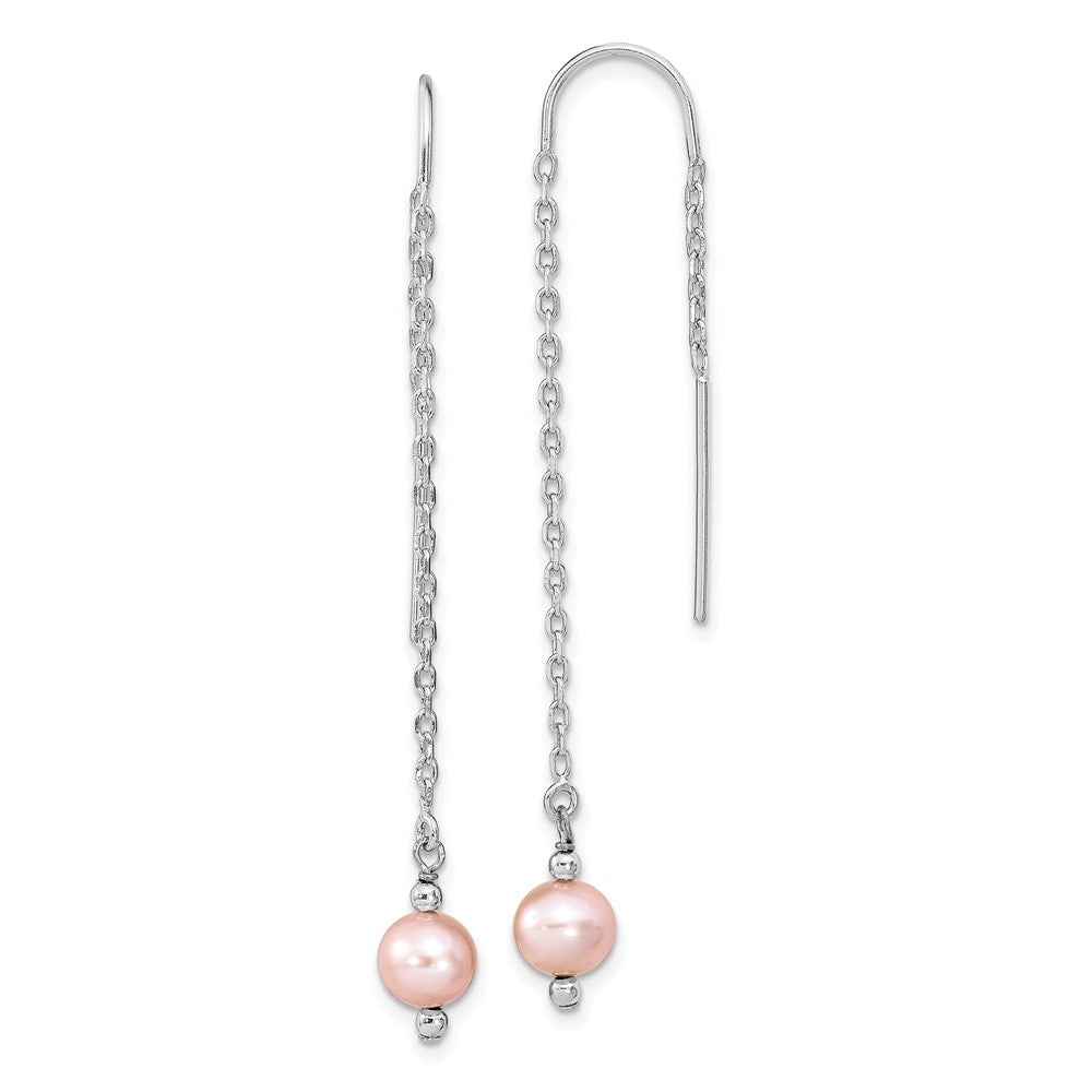 Sterling Silver Rhodium-plated 6- Pink Semi-Round Freshwater Cultured Pearl Threader Earrings
