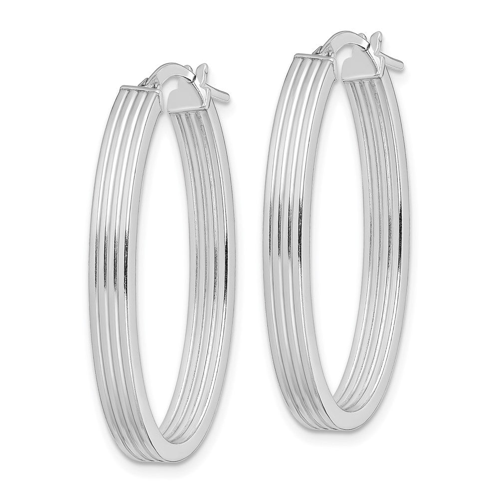 Sterling Silver Rhod-plated Polished & Striped Oval Hoop Earrings