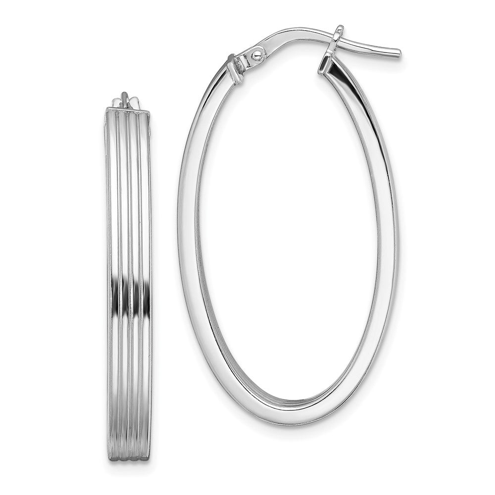 Sterling Silver Rhod-plated Polished & Striped Oval Hoop Earrings