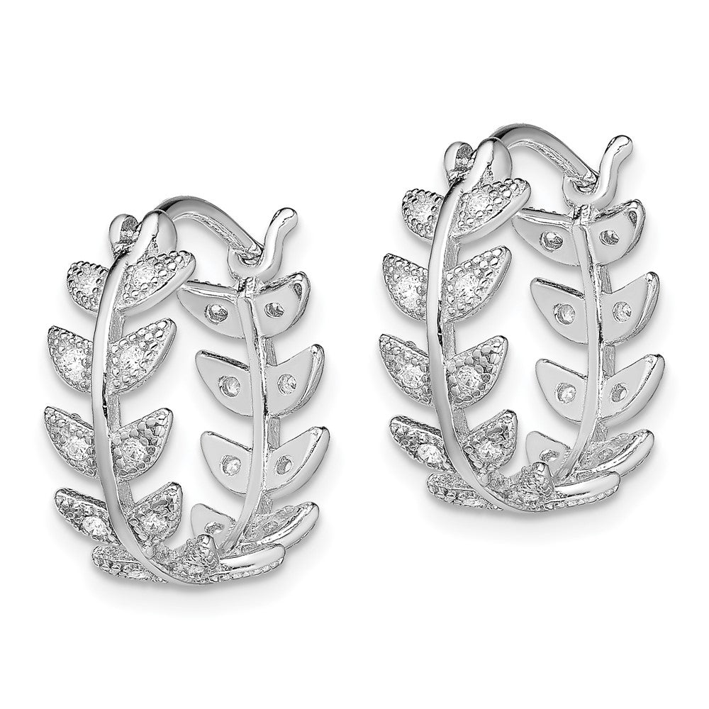 Sterling Silver Rhodium-plated Micro PavÂ CZ Leaf Hoops