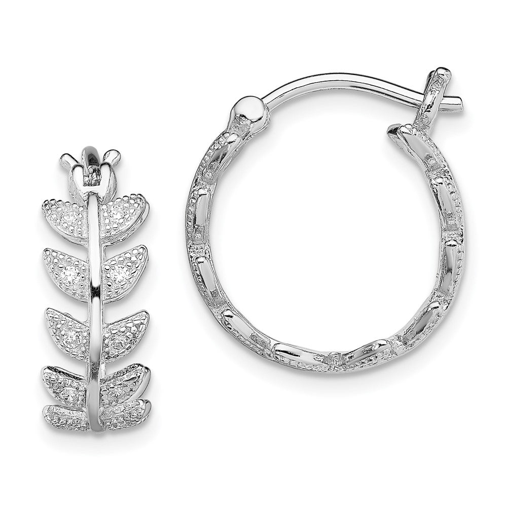 Sterling Silver Rhodium-plated Micro PavÂ CZ Leaf Hoops