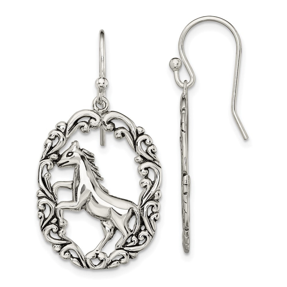 Sterling Silver Antiqued Horse Dangle Shepherds Hook Earrings