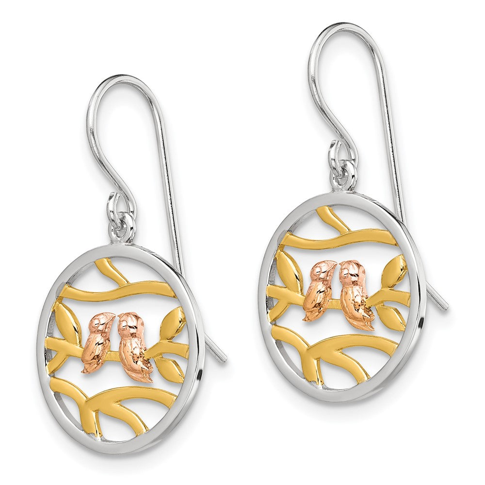 Sterling Silver Rhodium Rose-/Gold-tone Birds on Branches Earrings