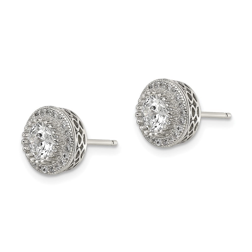 Sterling Silver Rhod-plated Polished PavÂ CZ Halo Round Post Earrings