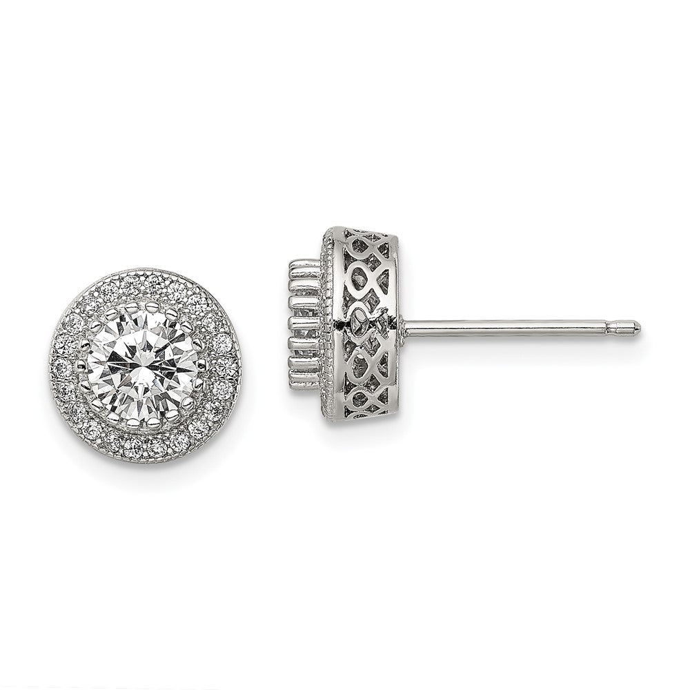 Sterling Silver Rhod-plated Polished PavÂ CZ Halo Round Post Earrings