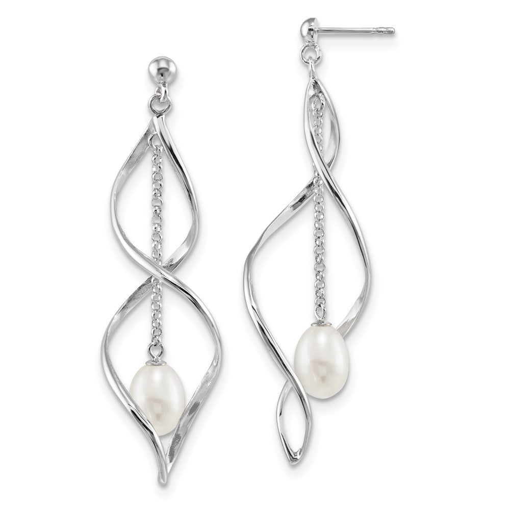 Sterling Silver Rhodium-plated 7- White Rice Freshwater Cultured Pearl Post Dangle Earring