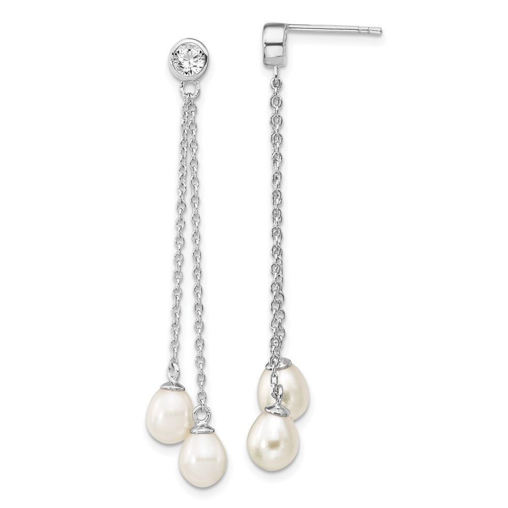 Sterling Silver Rhodium-plated 6- White Rice Freshwater Cultured Pearl and CZ Post Dangle Earrings